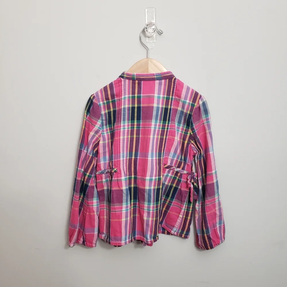 Ralph Lauren Size 5 Girls Pink Plaid Ruffle Bow Half Placket Button Top